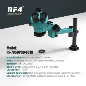 RF4 RF7050PRO-F019 Trinocular Microscope Head 7-50X Simul Focal Continuous Zoom Stereo Microscope Phone PCB Soldering