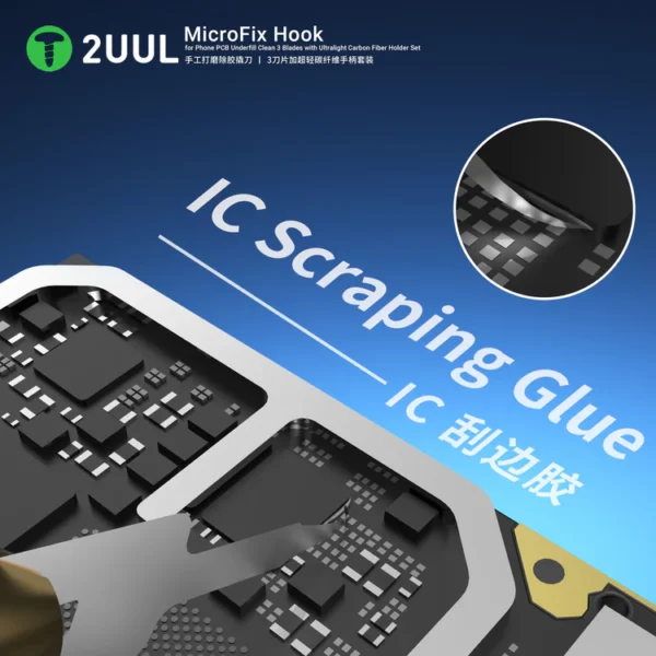 2UUL DA12 MicroFix Hook for Phone PCB Underfill Clean 3 Blades with Ultralight Carbon Fiber Holder Set