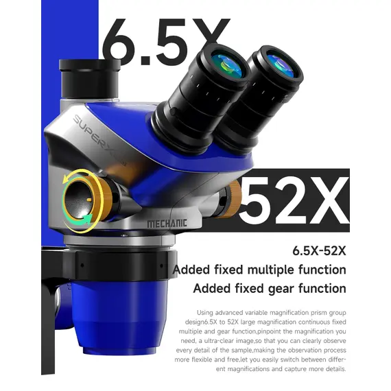 Mechanic Super X Pro-B11 6.5X-52X Continuous Zoom Trinocular Stereo Microscope
