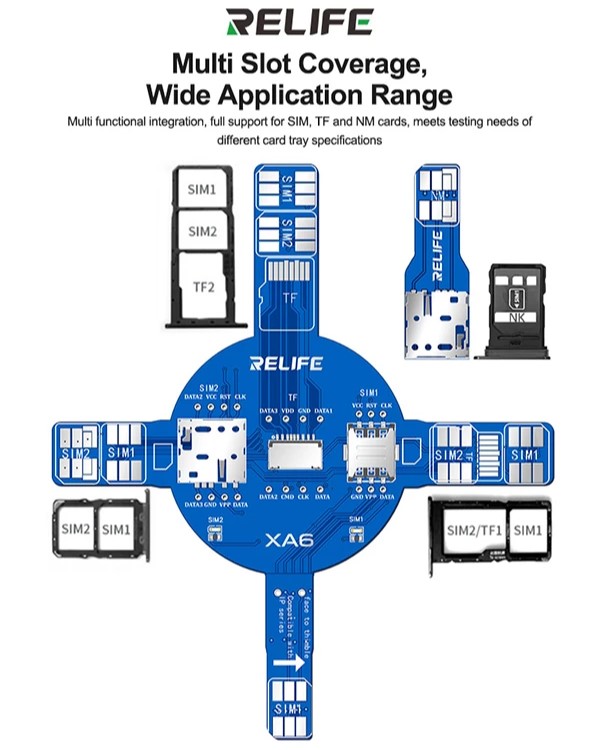 xa6-featuresqw Relife XA6 Dual Card Signal Test Board for iPhone / Android SIM / TF / NM Card Reading Faults